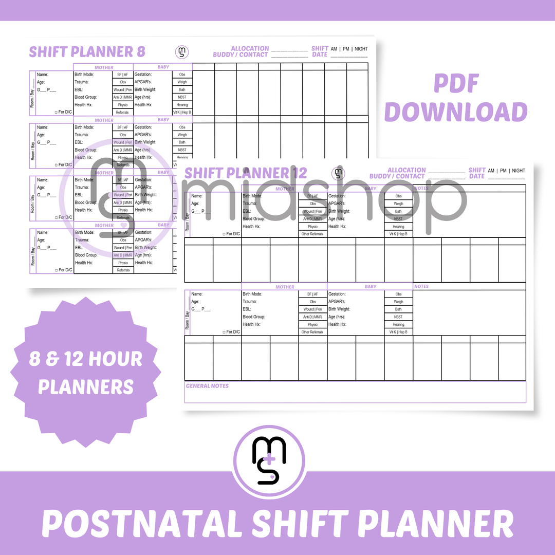 Shift Planner for Midwives. Postnatal Shift Planner. 12 hour shift planner. 8 hour shift planner